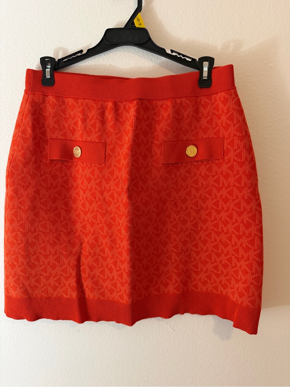 Michael Kors Red Logo-Knit Pencil Skirt with Gold Buttons